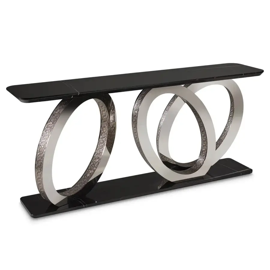 Distinguished Sicis Fluxus console crafted with metallic mosaic and marble, exhibiting a sleek black gloss finish with polished chrome rings