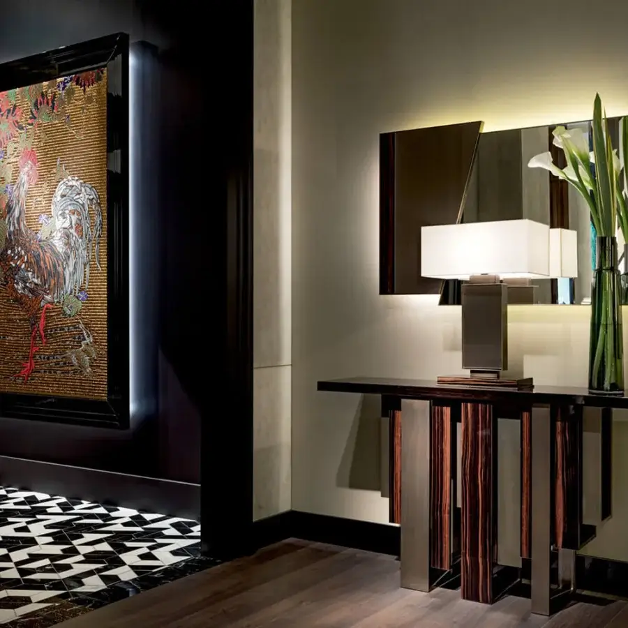 Elegant Sicis Totem console crafted in dark wood with reddish-brown accents and a polished metal base exhibiting a contemporary aesthetic