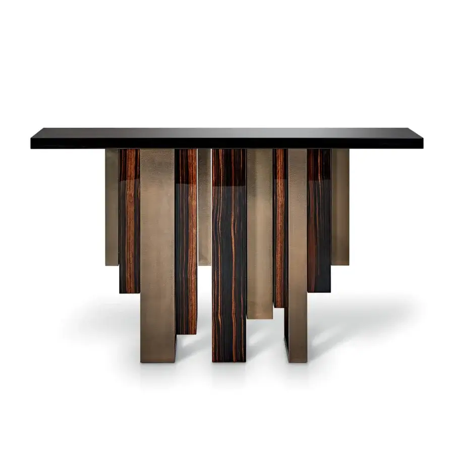Captivating Sicis Totem console crafted in dark brown with polished metallic and gold toned wood exhibiting a glossy finish