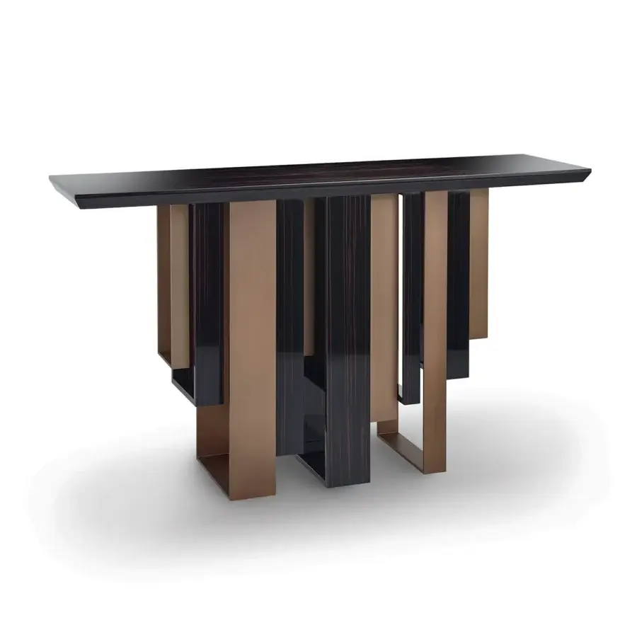 Distinguished Sicis Totem console crafted in dark wood with warm bronze-like metal supports and a sculpted base