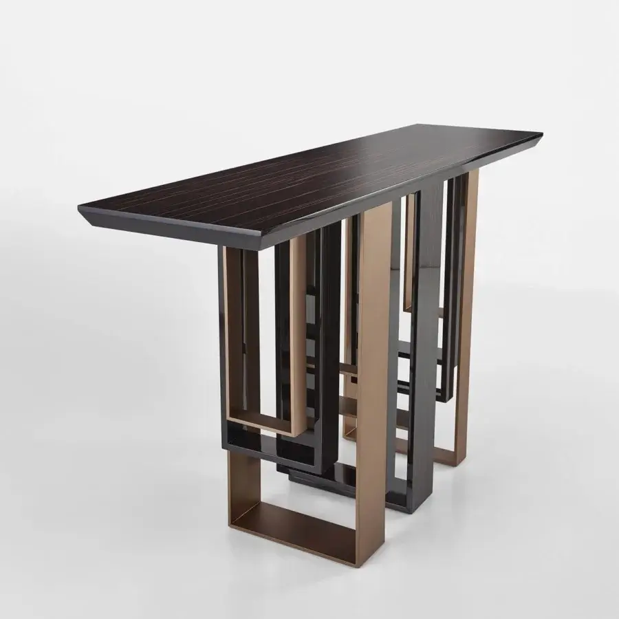 Exceptional Sicis Totem console crafted in dark-stained wood with warm bronze-toned metal exhibiting a geometric layered finish