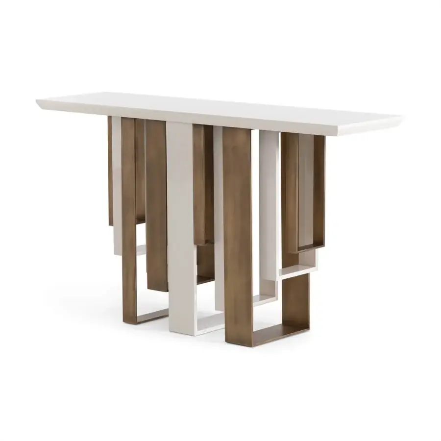 Distinguished Sicis Totem console crafted in Italy with a polished metallic base and sleek tabletop featuring alternating warm-toned supports