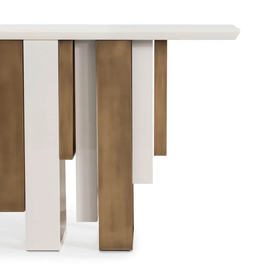 Exceptional Sicis Totem console crafted in Italy with a dynamic arrangement of bright white and textured metallic elements with a matte tabletop
