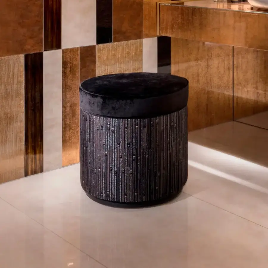 Superior Sicis Sultan ottoman crafted in Italy with textured black textile upholstery and smooth top surface