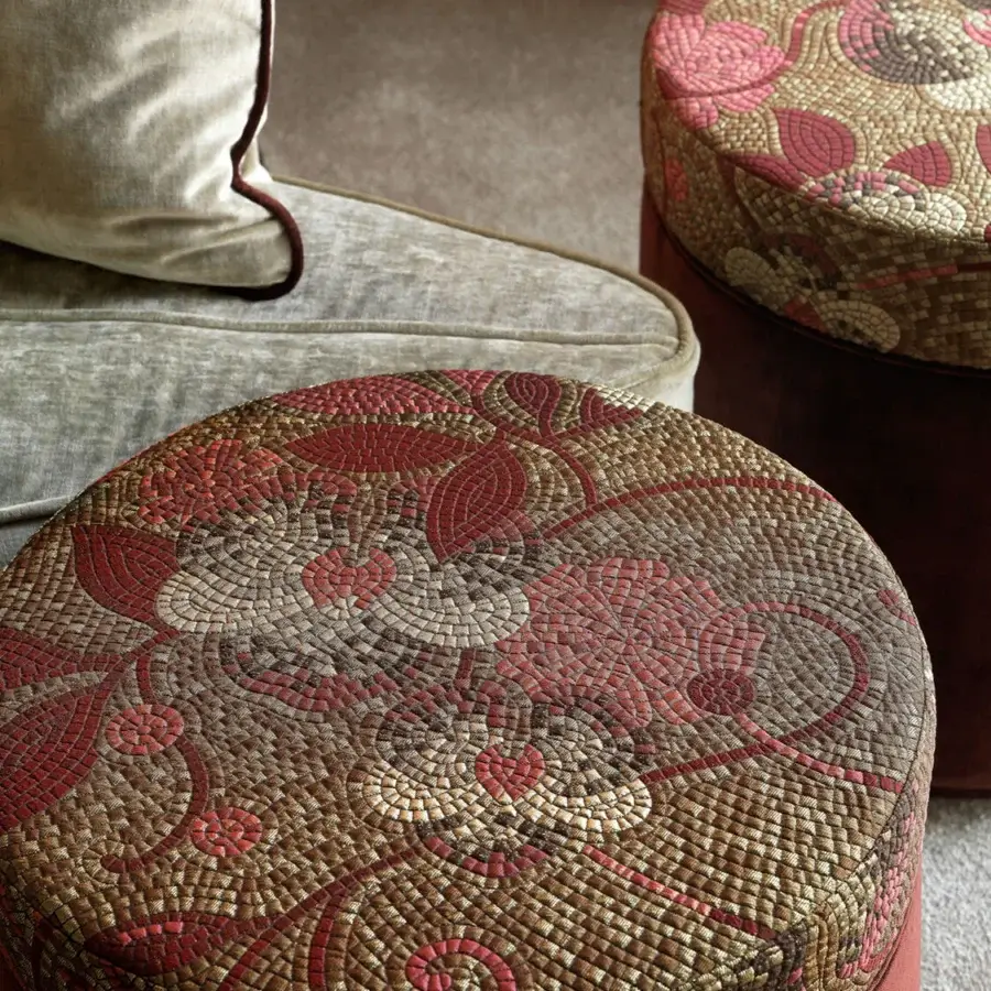Exceptional Sicis Sultan ottoman handcrafted with richly textured mosaic textile and velvety reddish-brown sides