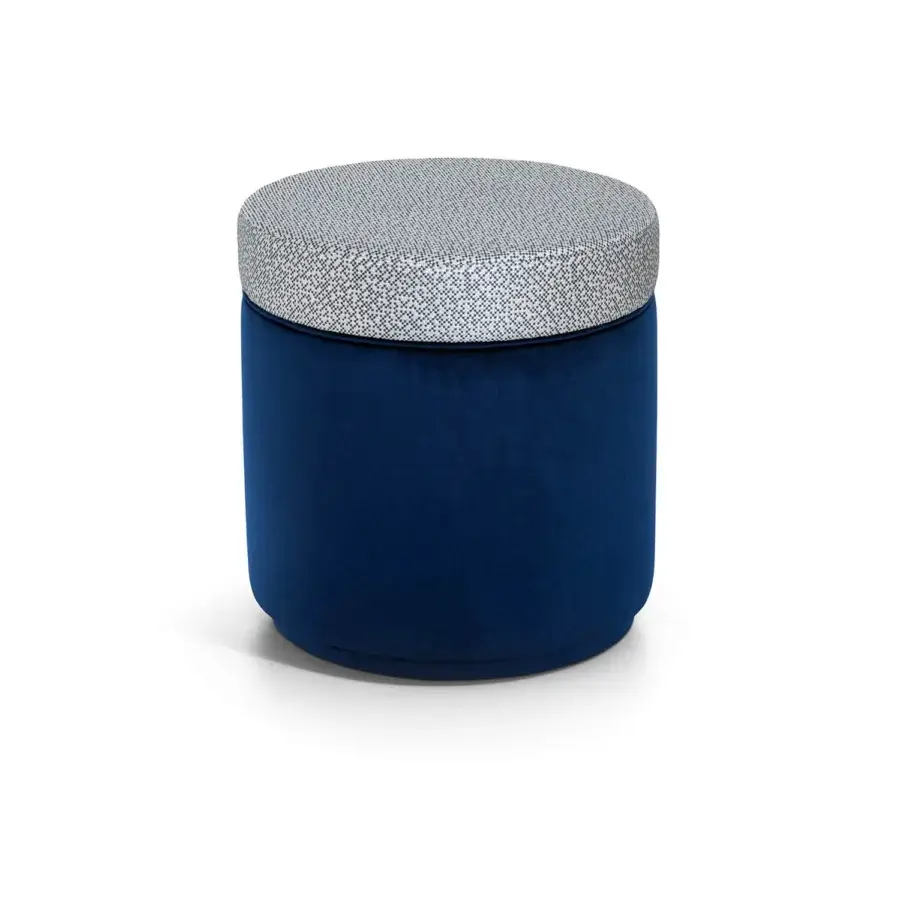 Lavish Sicis Sultan ottoman upholstered in deep blue velvet textile with a matte finish and gray woven top
