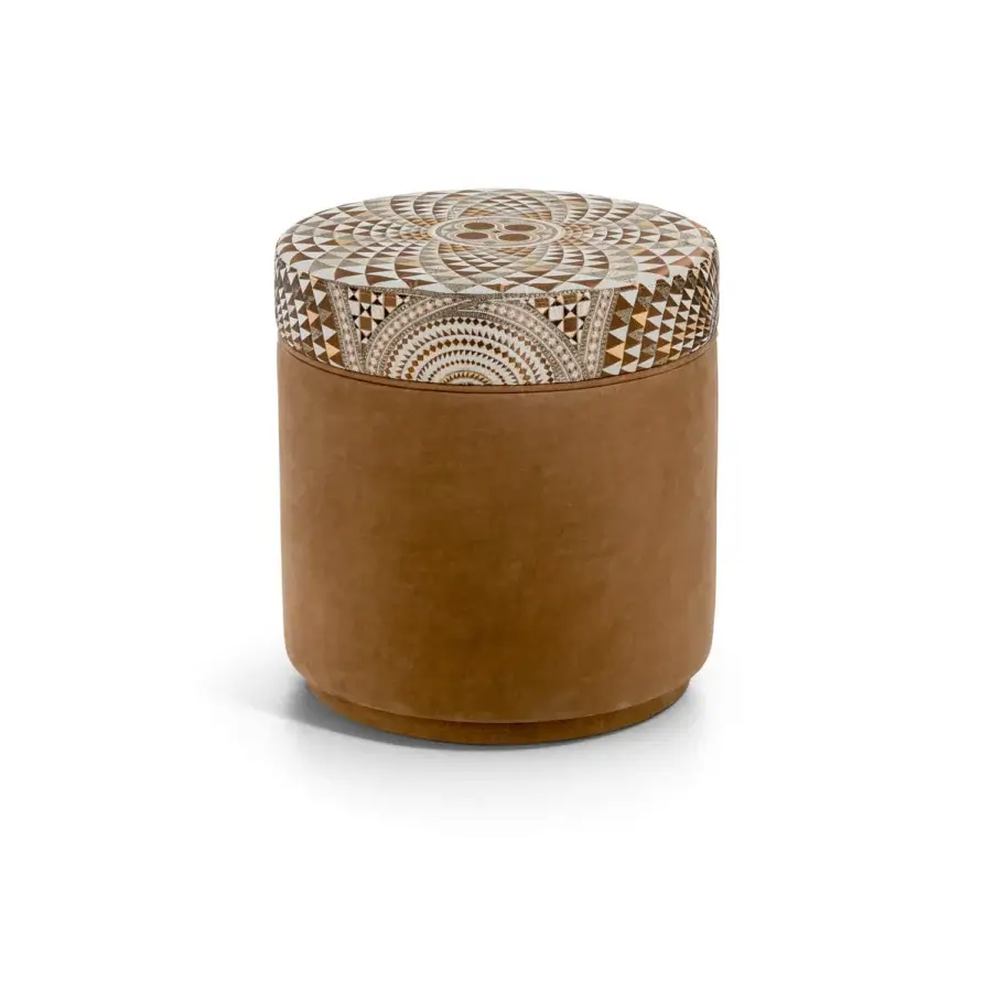 Distinguished Sicis Sultan ottoman crafted in warm medium-brown textile with geometric patterned top and solid wood frame