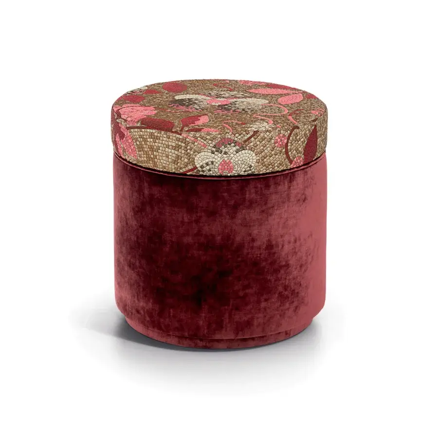 Exceptional Sicis Sultan ottoman crafted in plush red velvet with a floral patterned top in pink, beige, and brown hues