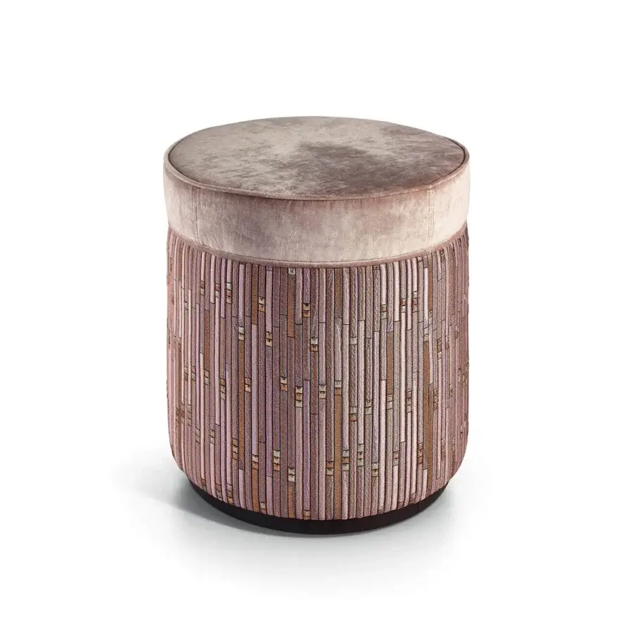 Distinguished Sicis Sultan ottoman crafted in muted rose textile with subtle beige, brown, and purple striped variations and tailored finish