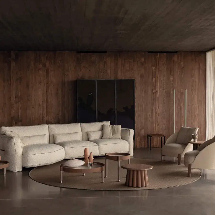 Distinguished Cierre1972 Loden sofa with organically curved form, textured matte beige textile upholstery and elegant leather piping details