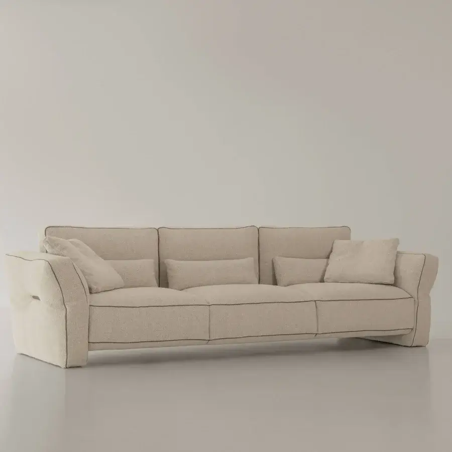 Distinguished Cierre1972 Loden sofa with light beige woven fabric upholstery and elegant leather piping