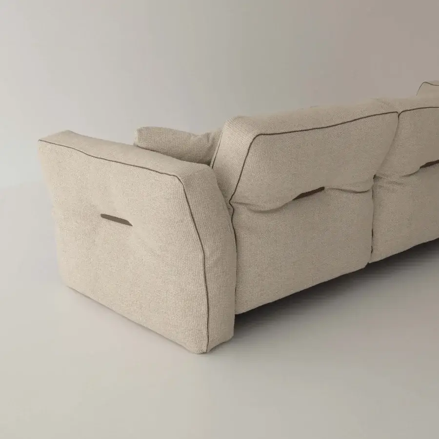 Exceptional Cierre1972 Loden sofa with muted beige woven fabric upholstery and refined leather piping