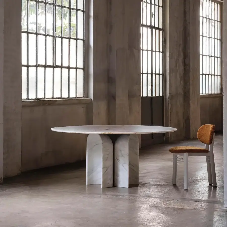 Distinguished Acerbis Le Cupole table crafted with polished marble and refined brass—a harmonious balance of gray and beige veining