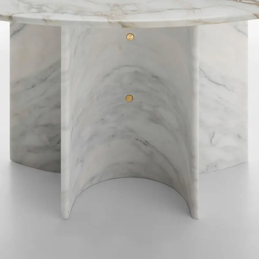 Elegant Acerbis Le Cupole table crafted with polished white marble, sculpted domes, and refined brass accents