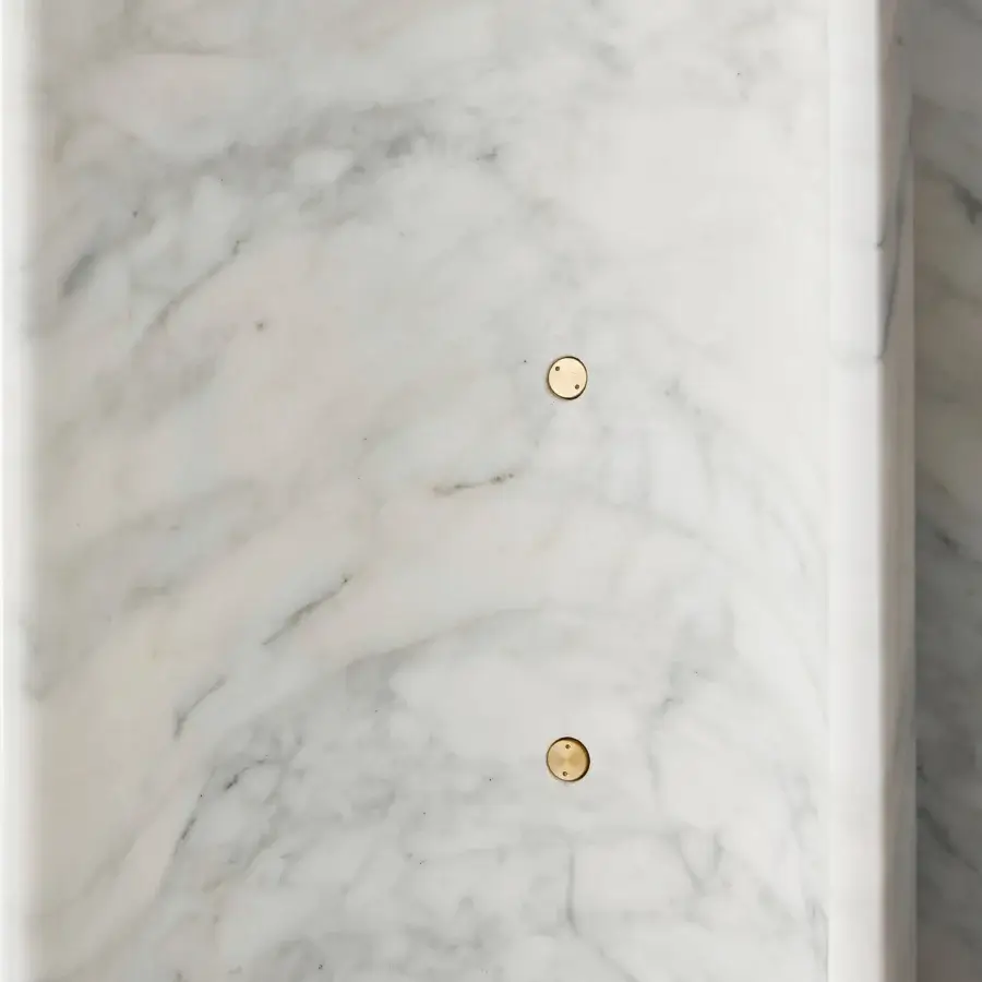 Elegant Acerbis Le Cupole table built in white marble with polished finish and refined circular brass inserts