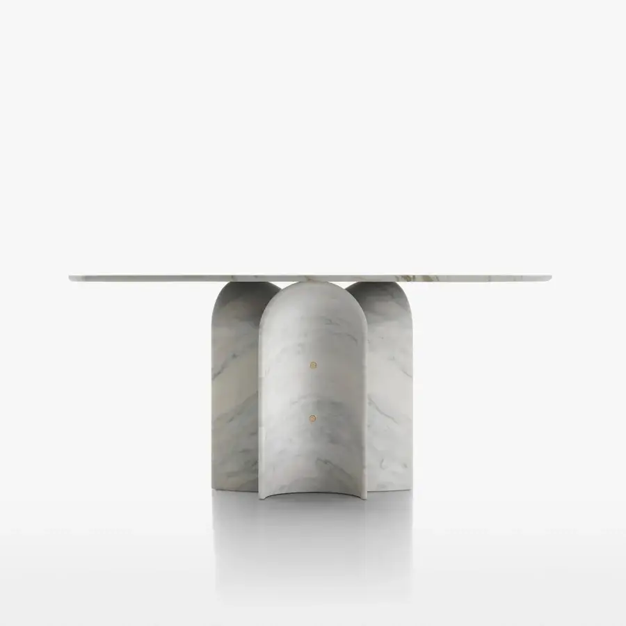 Elegant Acerbis Le Cupole table crafted with polished marble tabletop and matte polyester finish supported by sculpted marble domes with brass inserts