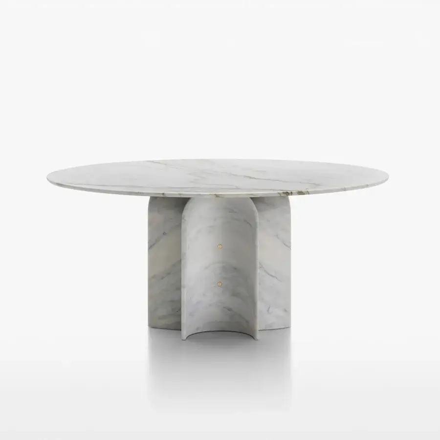 Distinguished Acerbis Le Cupole table crafted with white marble tabletop and sculpted polished marble base with brass accents