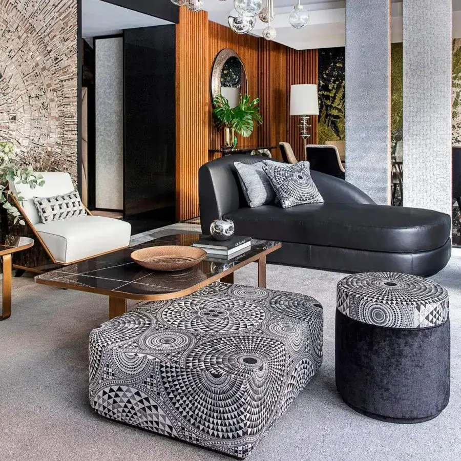 Captivating Sicis Visconti ottoman crafted with black and white geometric textile upholstery and glossy black base