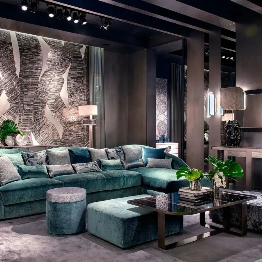Refined Sicis Visconti ottoman crafted with textured muted teal fabric and a solid wood frame