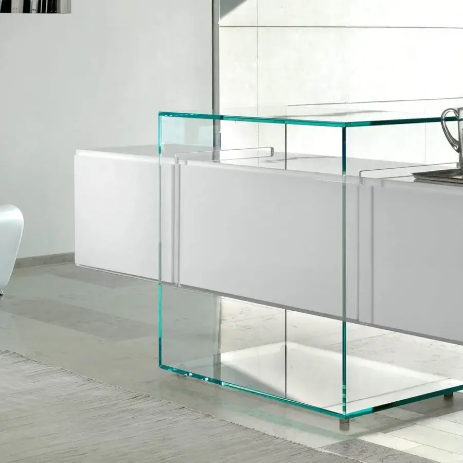 Distinguished Reflex Kubo sideboard with a glossy white finish and extra clear glass base showcasing clean horizontal lines