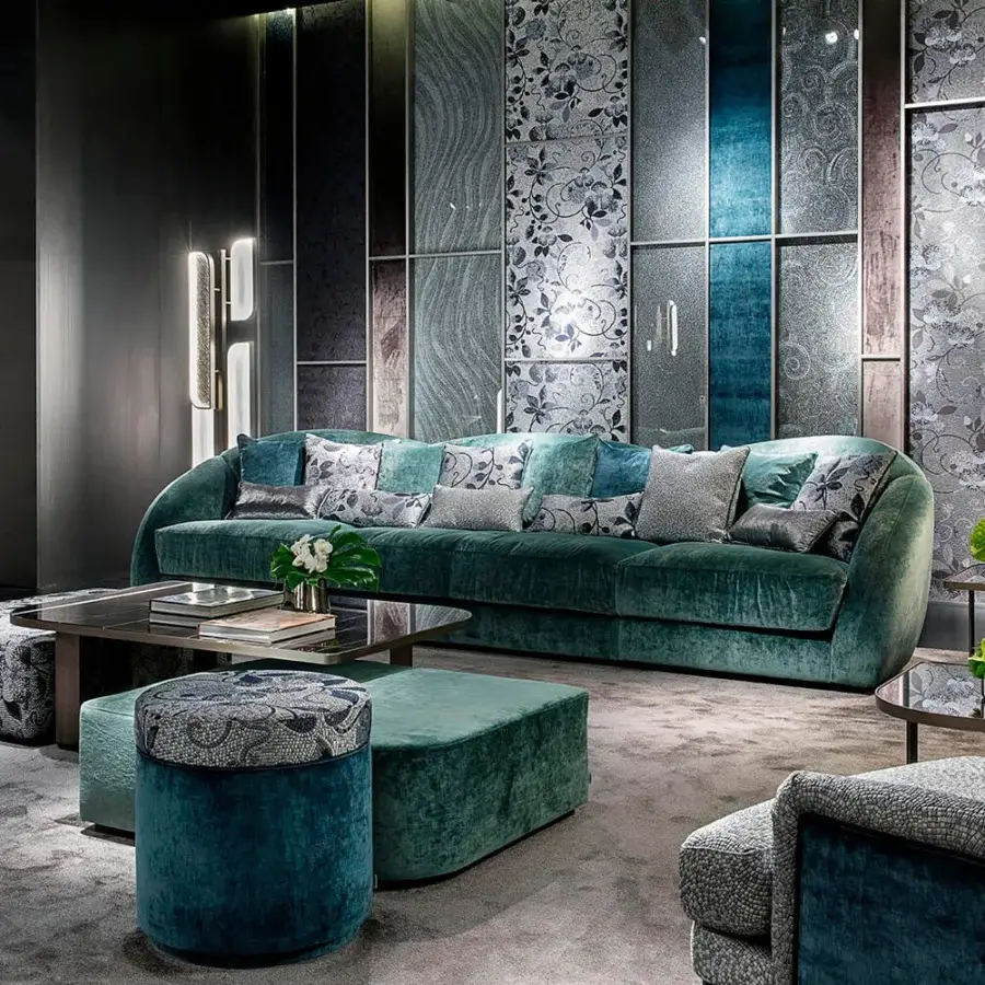 Distinguished Sicis Visconti ottoman crafted in teal textile with subtle turquoise gradients and a textured iridescent finish