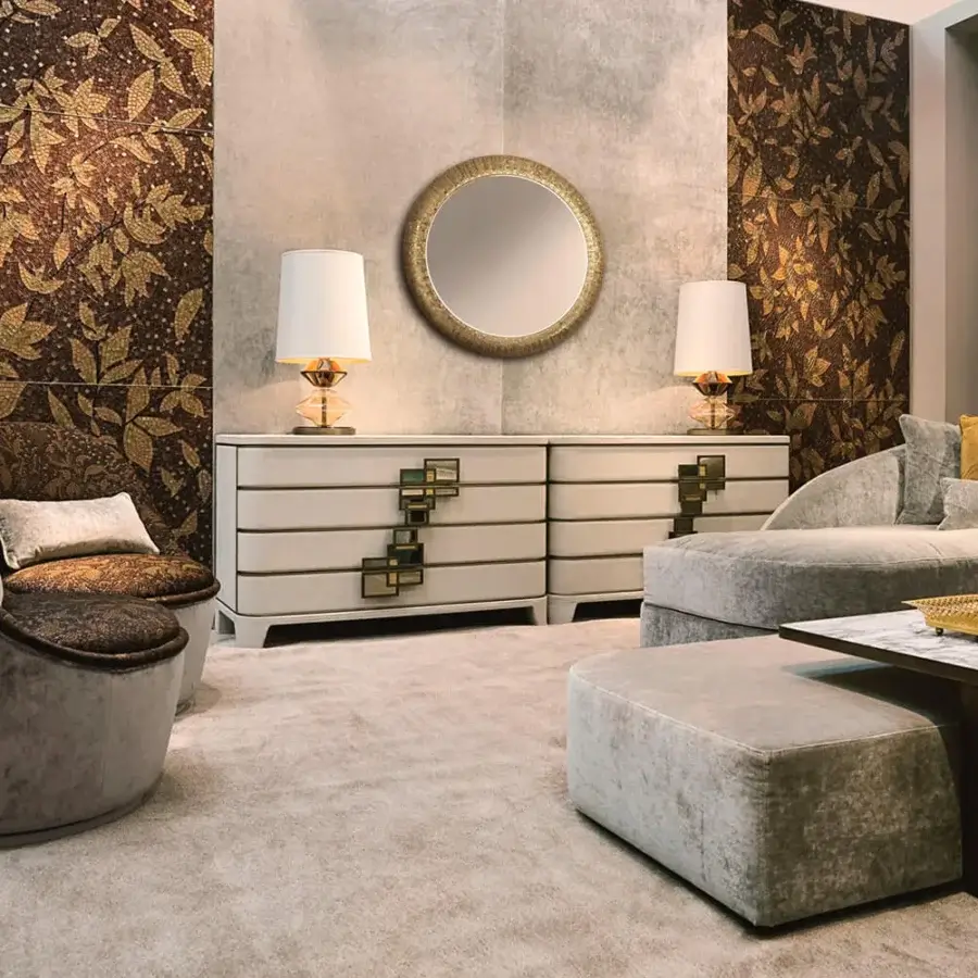 Exceptional Sicis Visconti ottoman crafted with warm gray textile and subtly textured upholstery