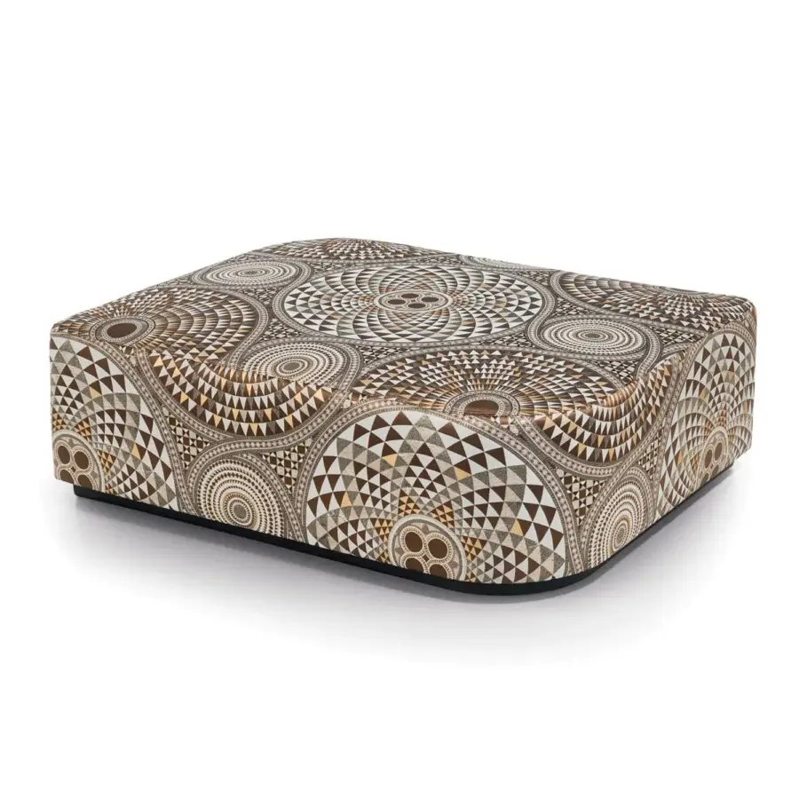 Distinguished Sicis Visconti ottoman crafted with a complex textile pattern in shades of brown, beige and muted gold