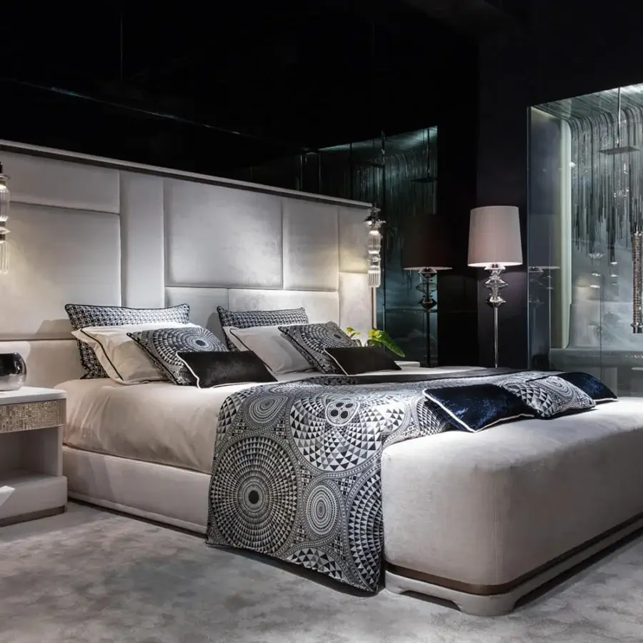 Superior Sicis Casanova bed with light gray woven fabric upholstery and delicate embroidered mosaic accents with coated lacquer