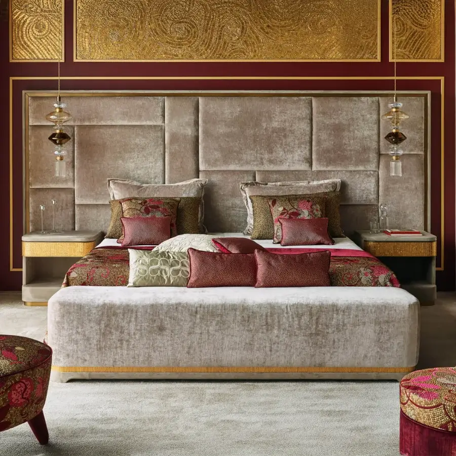 Exclusive Sicis Casanova bed with plush taupe fabric upholstery and sleek gold coated lacquer trim