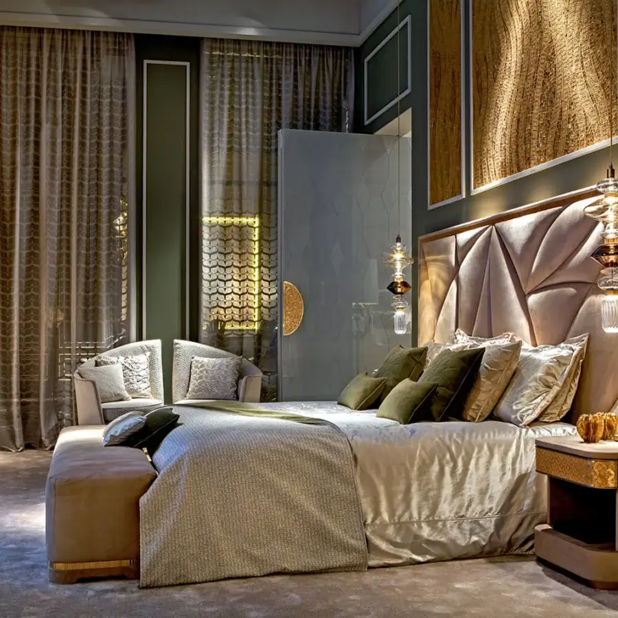 Distinguished Sicis Casanova bed with sculptural headboard upholstered in lustrous gold textile and sleek coated lacquer framing