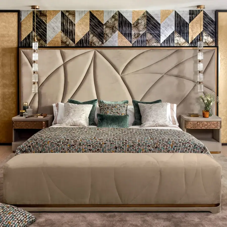 Exceptional Sicis Casanova bed crafted with quilted beige textile and delicate embroidered mosaic detailing with coated lacquer edge
