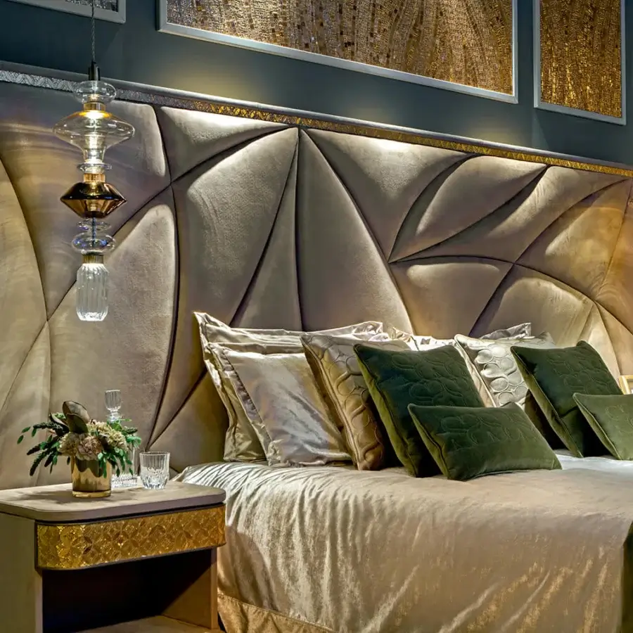 Lavish Sicis Casanova bed upholstered in plush taupe fabric with meticulous mosaic embroidery and coated lacquer finish