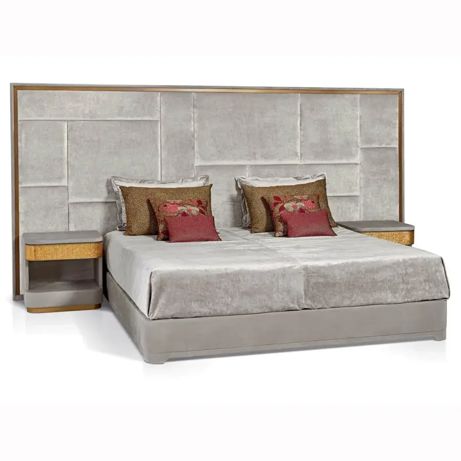 Superior Sicis Casanova bed with geometrically paneled headboard upholstered in muted gray textile and coated lacquer finish