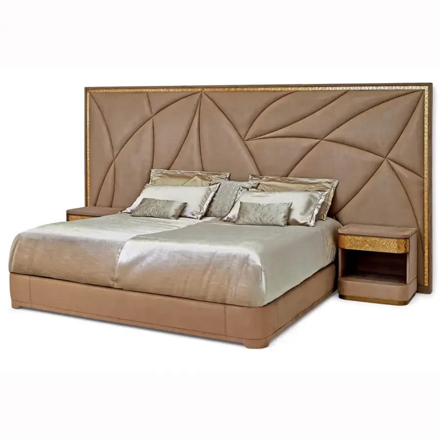 Distinguished Sicis Casanova bed with sculptural headboard upholstered in shimmering beige textile and coated lacquer wood detailing