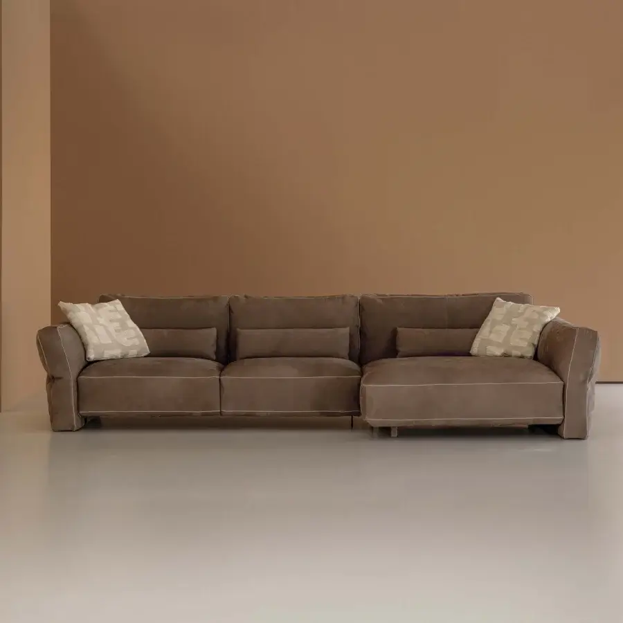Exceptional Cierre1972 Loden sectional with textured muted brown textile upholstery and elegant leather piping