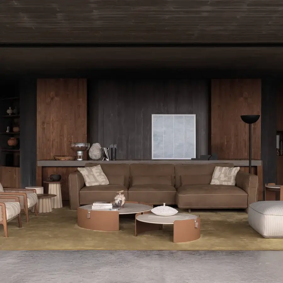 Lavish Cierre1972 Loden sectional with adaptable design upholstered in muted earthy brown textile and refined leather piping
