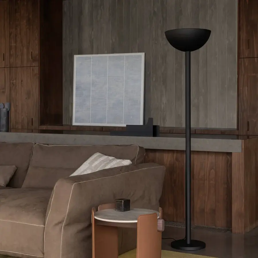 Superior Cierre1972 Loden sectional with inviting form upholstered in muted earthy brown textile and elegant leather piping