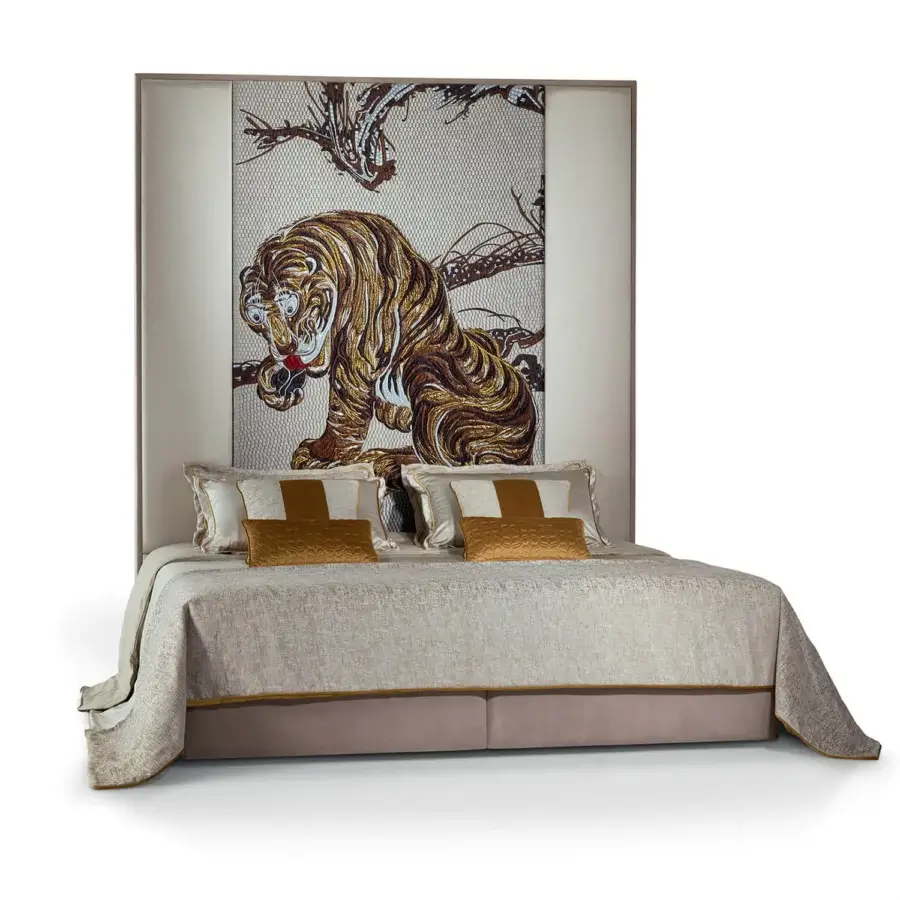 Elegant Sicis Komo bed with a tapestry-style headboard displaying Jakuchu artwork in textured beige and a dark brown wood base