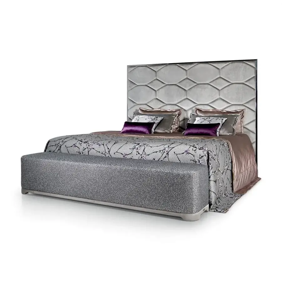 Superior Sicis Oyster Bed boasts a contemporary design with gray textile upholstery and coated lacquer finished edges
