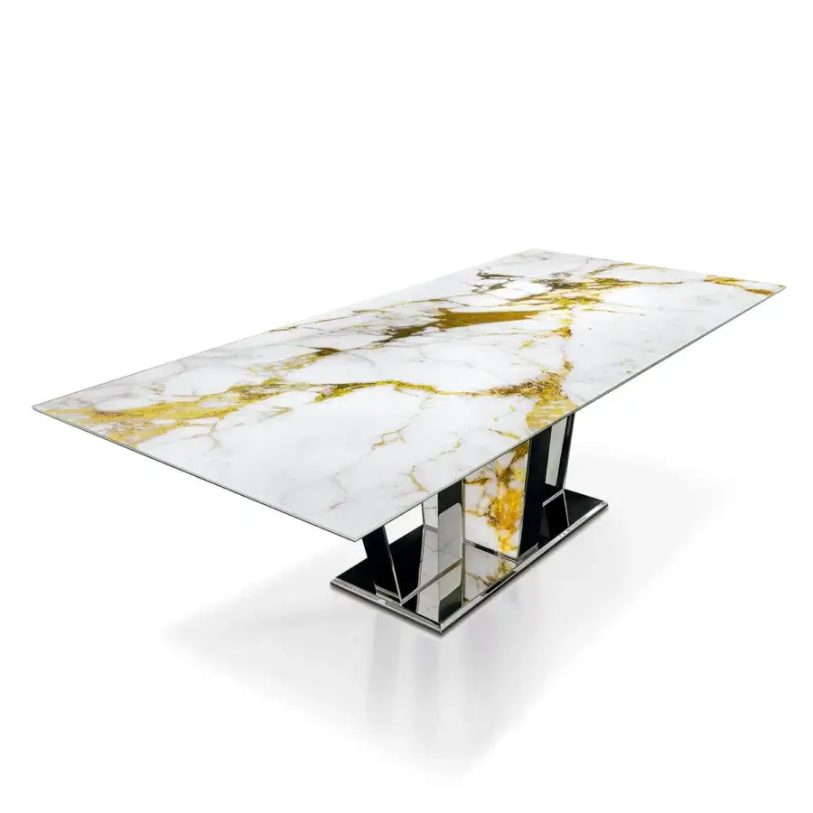 Distinguished Sicis Boston table crafted in Italy with glossy white marble-pattern Vetrite and polished silver metal base