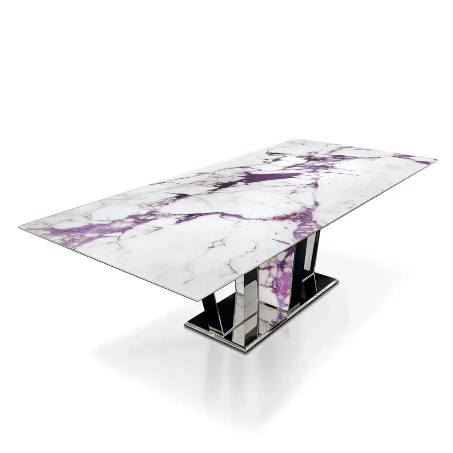 Superior Sicis Boston table with glossy white Vetrite surface dramatically veined with purple and polished silver-toned metal base