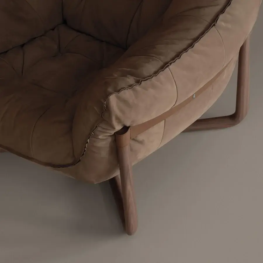 Distinguished Cierre1972 Donald lounge chair with medium-brown textile upholstery and smooth satin-finished wood frame