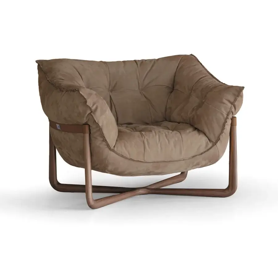 Superior Cierre1972 Donald lounge chair with muted brown textile upholstery and satin-finish solid wood base with leather detailing