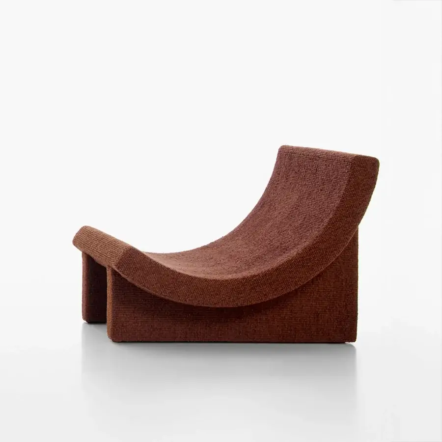 Distinctive Acerbis Trench lounge chair with a fluid curve and warm earthy brown textured textile upholstery