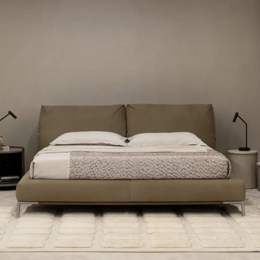 Harmonious Cierre1972 Chapeau Bed in muted taupe textile with reclining headboard and dark tapered metal legs
