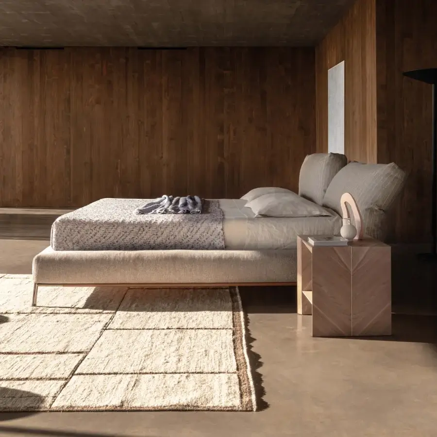 Superior Cierre1972 Chapeau Bed crafted in beige textile with a reclining headboard and light-toned wood base