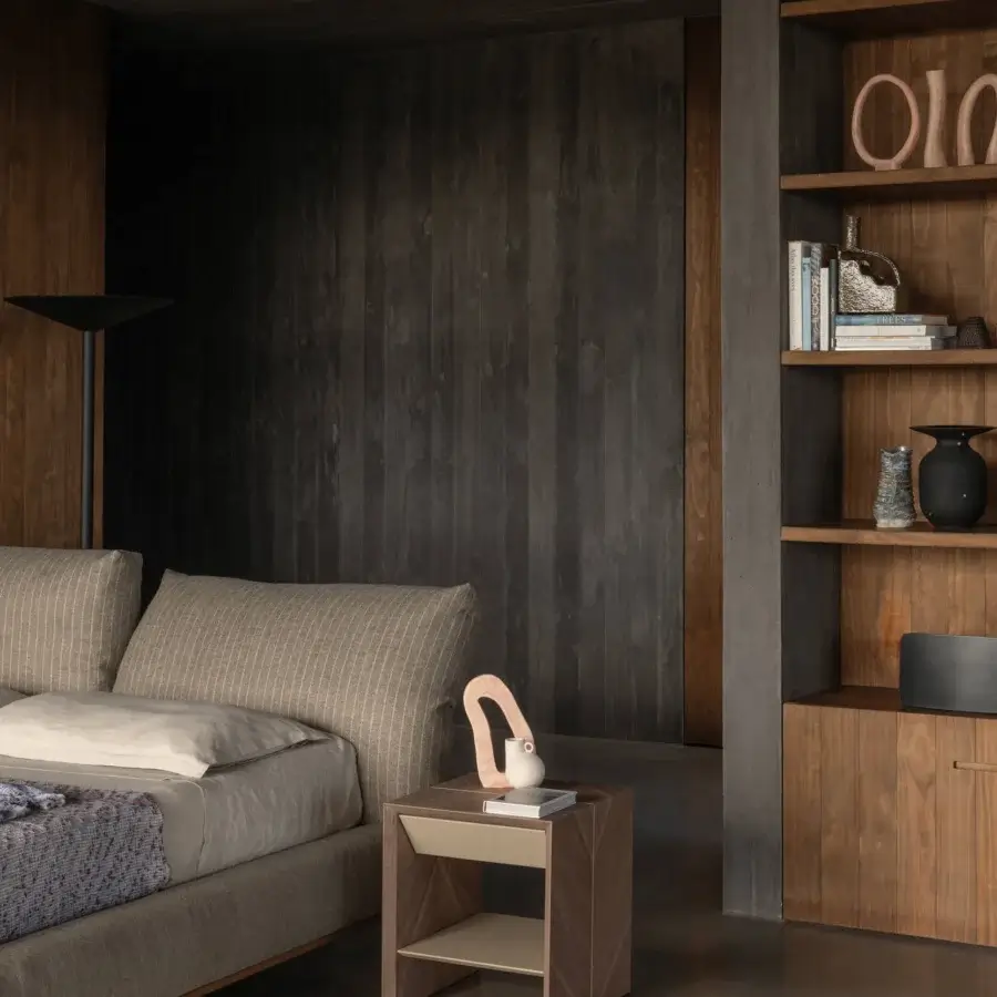 Distinguished Cierre1972 Chapeau Bed built with muted gray textile and a warm medium-brown wood frame with pronounced grain