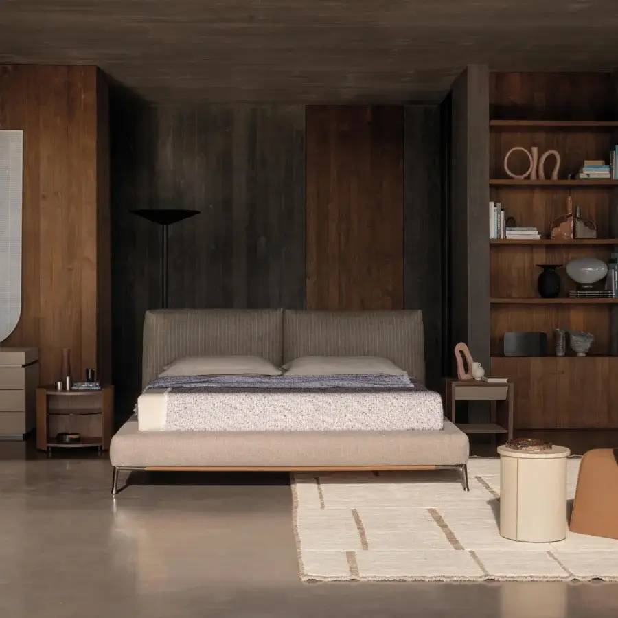 Exceptional Cierre1972 Chapeau Bed built with textured beige-grey textile and a reclining headboard for optimal support