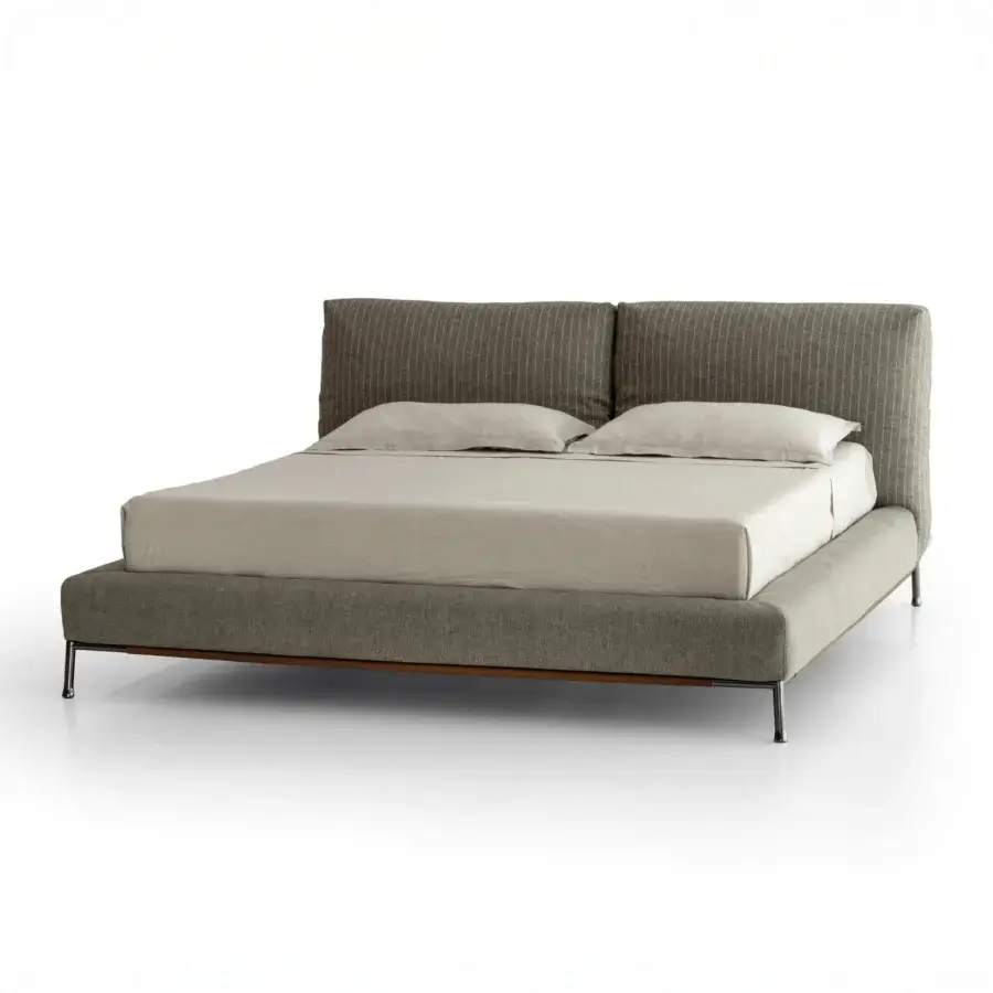 Superior Cierre1972 Chapeau Bed built with textured gray-green textile and brown wood accents