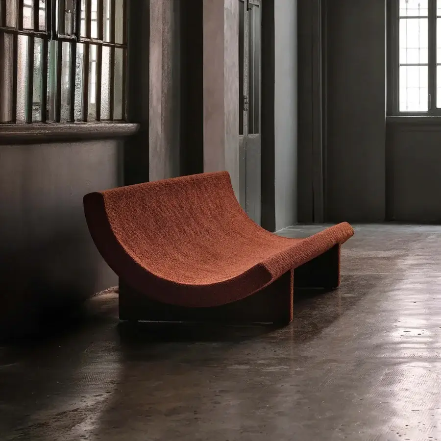 Superior Acerbis Trench sofa with a sculpted form and reddish-brown textured textile upholstery built for relaxation